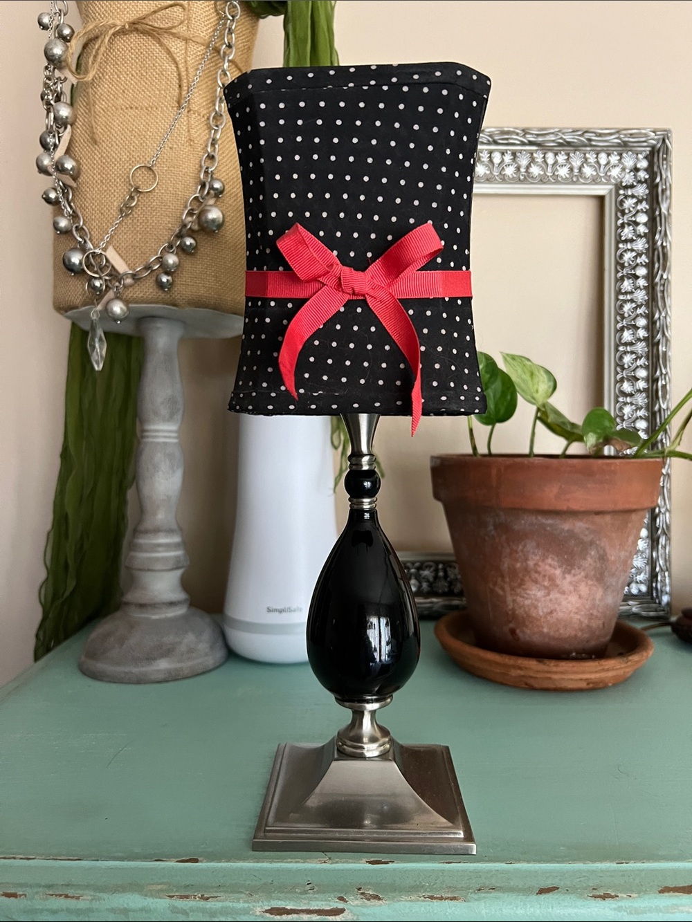 Partylite Black Polka Dot Votive Holder with Red Bow and Silver Trim